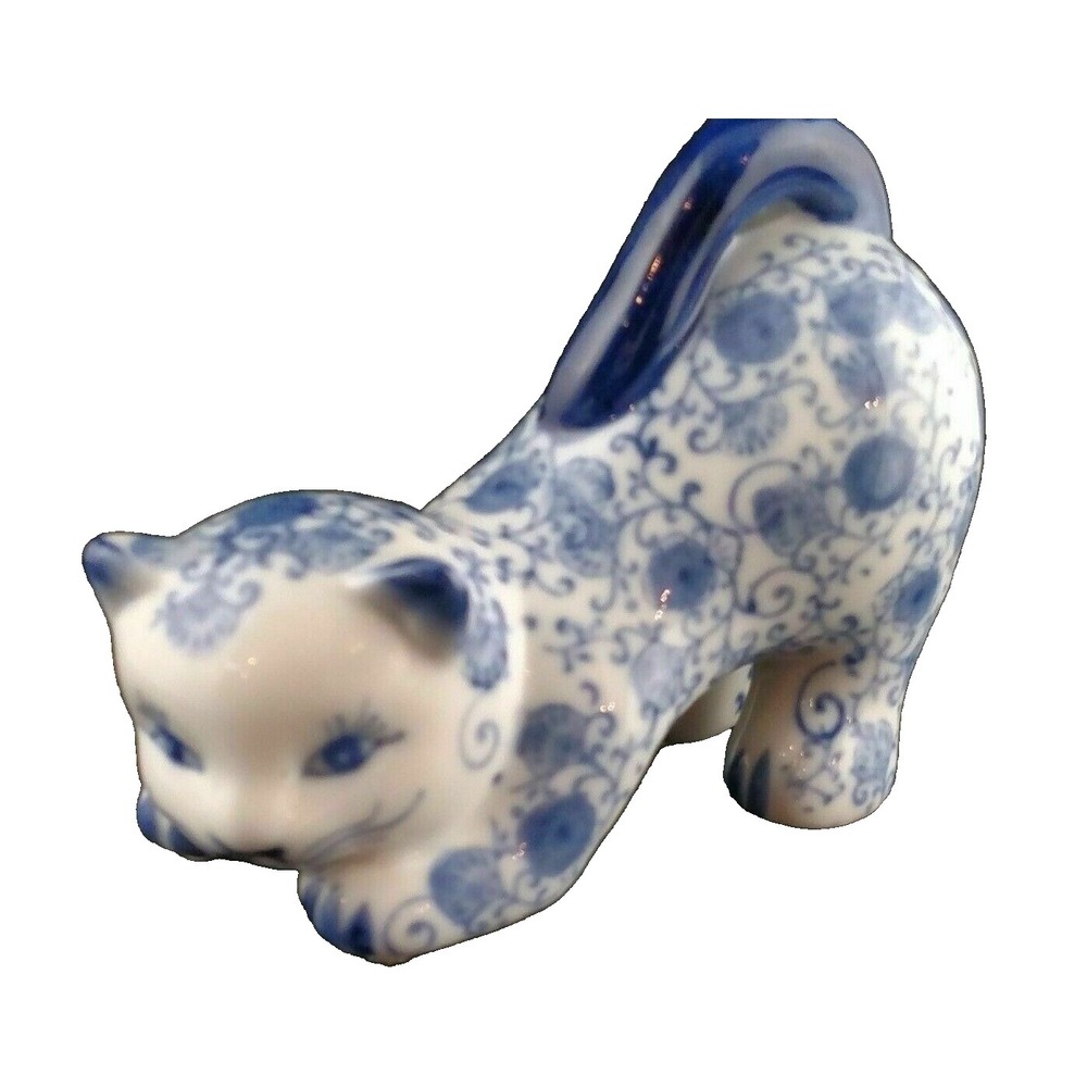 Bombay Company Blue & White Delft Playful‎ Kitty Cat Figurine - Porcelain